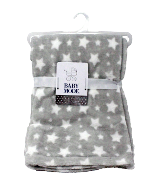 Soft plush baby blanket with star pattern by Baby Mode, shown in grey.